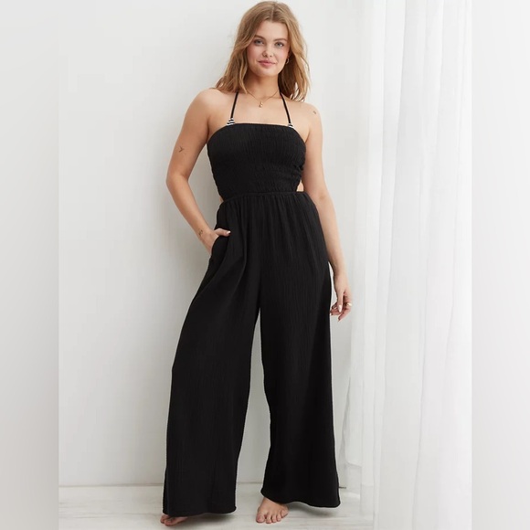 Aerie Black Gauzy Strapless Wide Leg Jumpsuit size Large EUC - Picture 2 of 13
